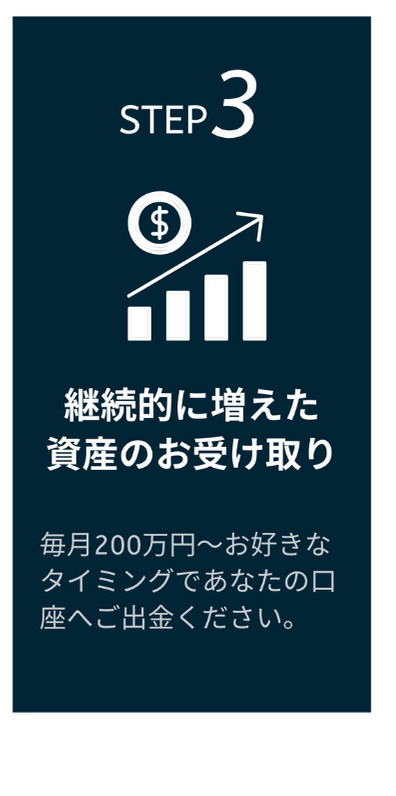 STEP 3 - 継続的に増えた資産のお受け取り毎月200万円〜お好きなタイミングであなたの口座へご出金ください。